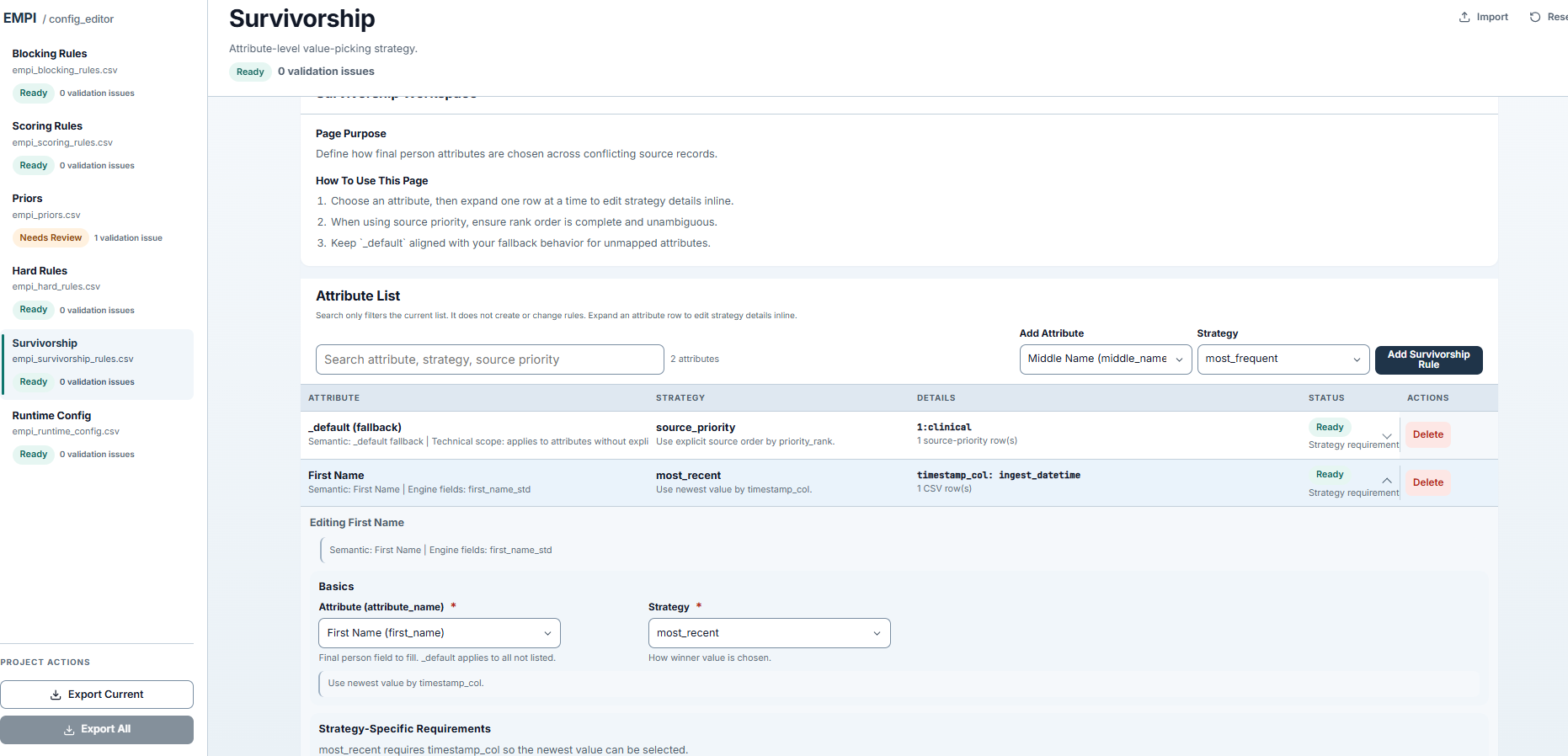 EMPI Config Editor — survivorship strategies